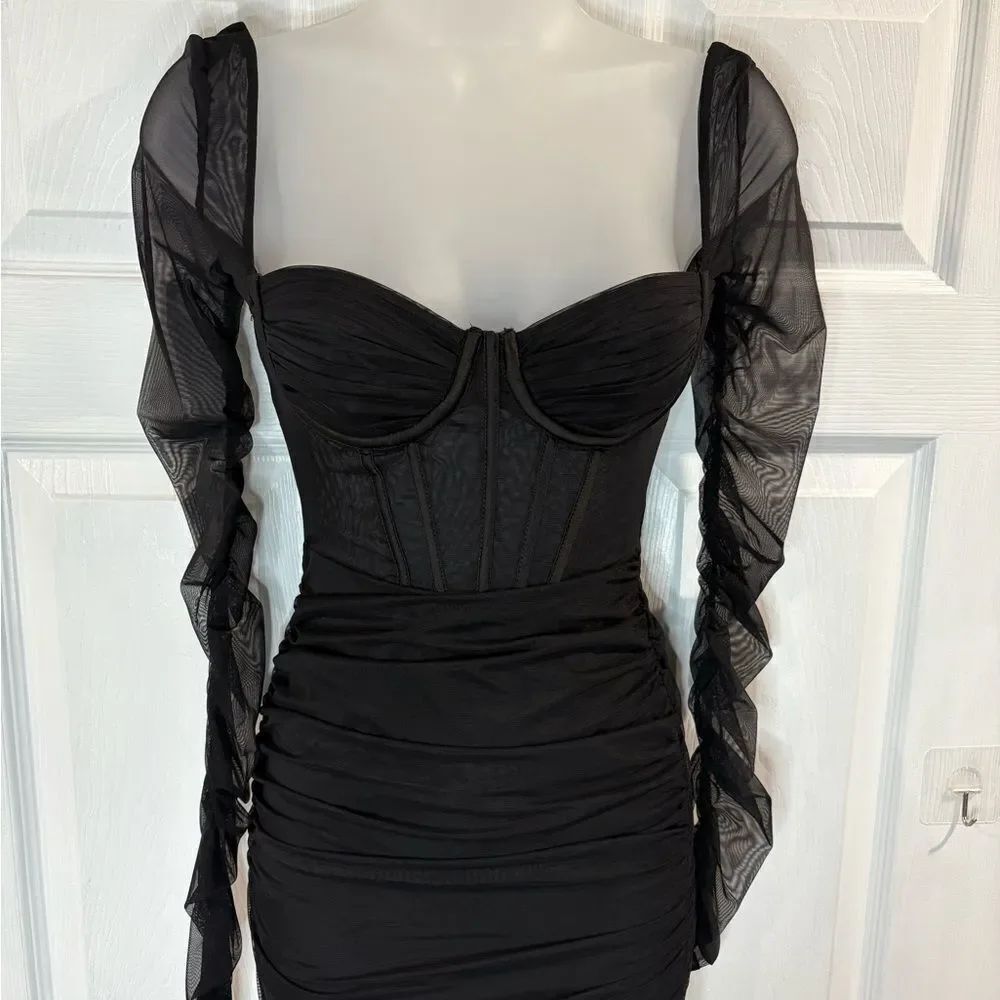 Oh Polly Dress Corset Bodycon Sheer Mesh Long Sleeve